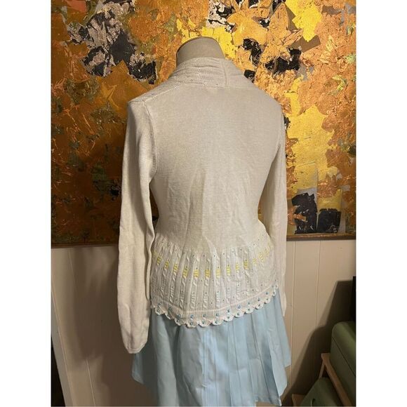Anthropologie Moth Lazuli Beaded White Tie Front Linen Blend Cardigan Sweater S - Picture 10 of 13
